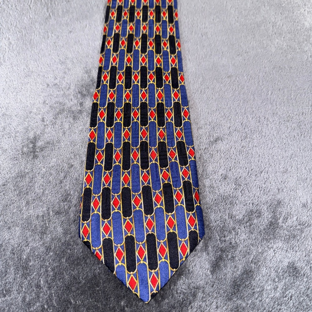Neiman Marcus Mens Silk Tie Blue Red Diamond Geometric Hand Made in Spain 60in